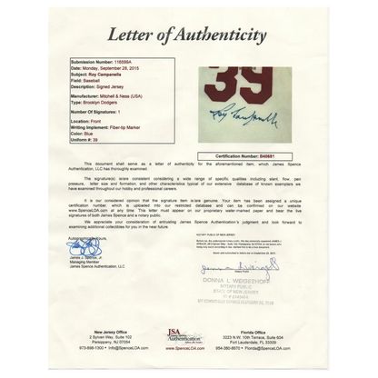 Roy Campanella Brooklyn Dodgers Autographed Cooperstown Collection Stat Jersey - JSA LOA