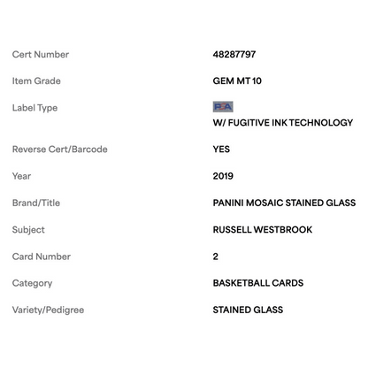 Russell Westbrook PSA 10 2019 Panini Mosaic Stained Glass Card #2