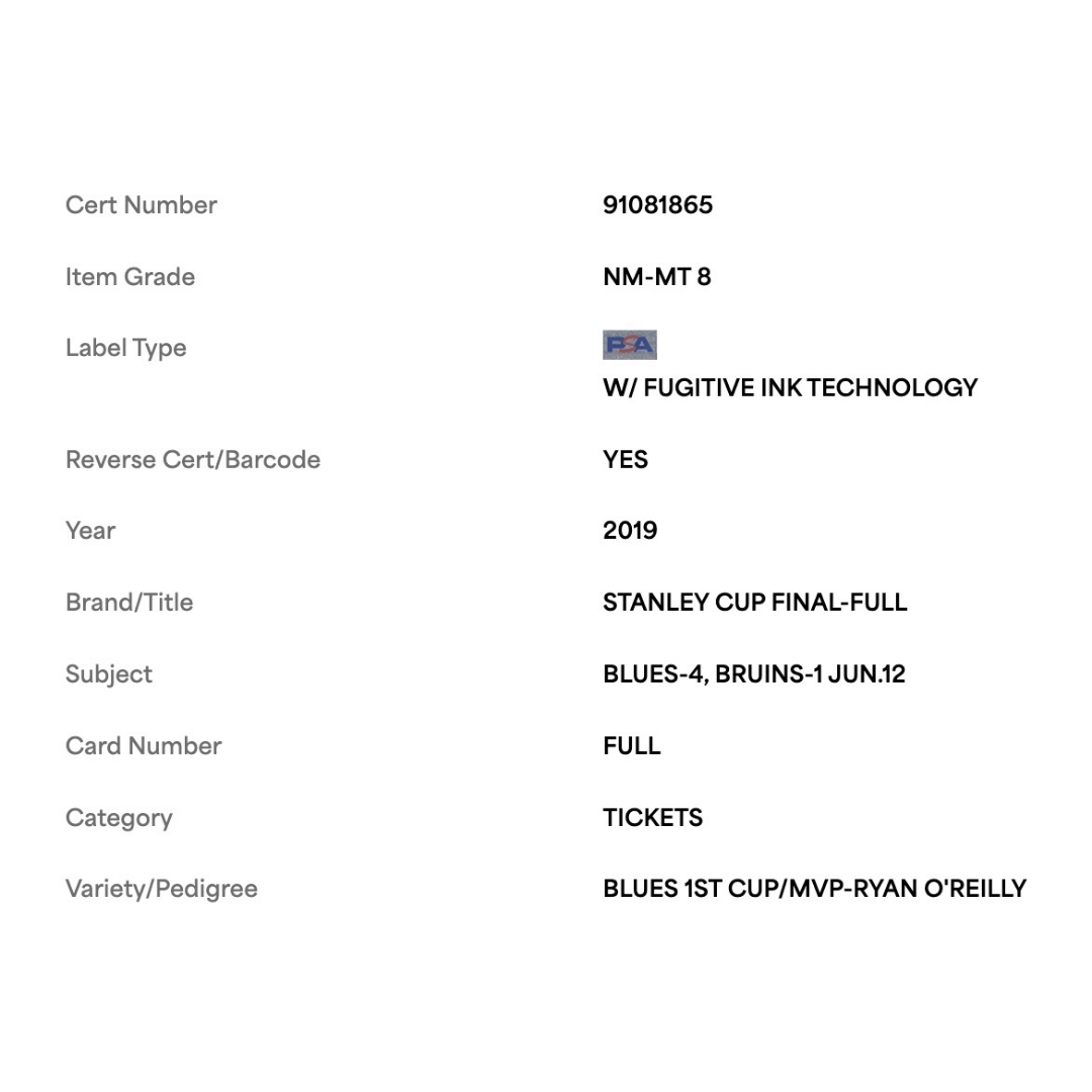 Ryan O'Reilly PSA 8 2019 Stanley Cup Final Games 7 St Louis Blues 1st Cup/MVP Ticket