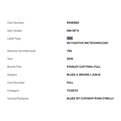 Ryan O'Reilly PSA 8 2019 Stanley Cup Final Games 7 St Louis Blues 1st Cup/MVP Ticket