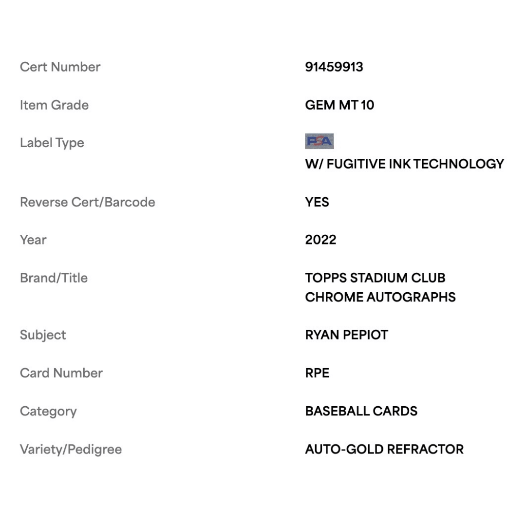 Ryan Pepiot PSA 10 2022 Stadium Club Chrome Auto Gold Refractor Card #RPE