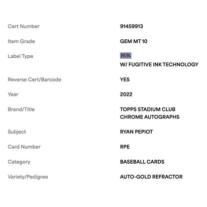Ryan Pepiot PSA 10 2022 Stadium Club Chrome Auto Gold Refractor Card #RPE