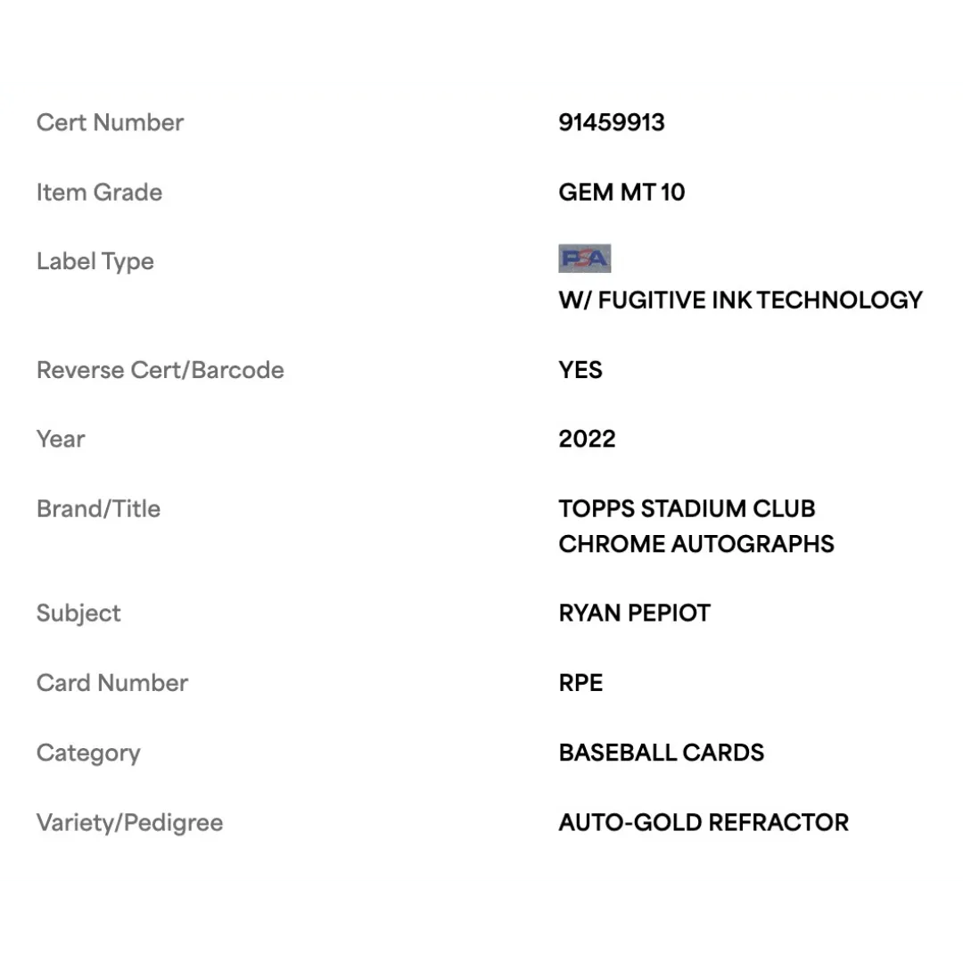 Ryan Pepiot PSA 10 2022 Stadium Club Chrome Auto Gold Refractor Card #RPE
