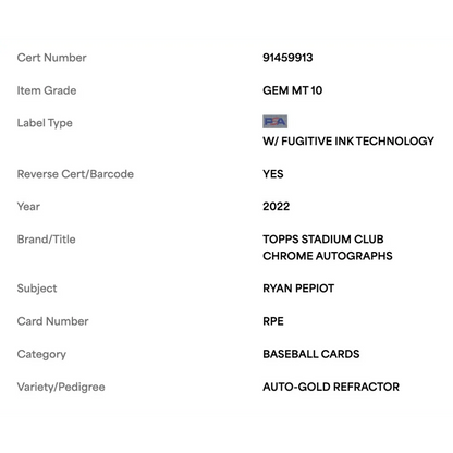 Ryan Pepiot PSA 10 2022 Stadium Club Chrome Auto Gold Refractor Card #RPE