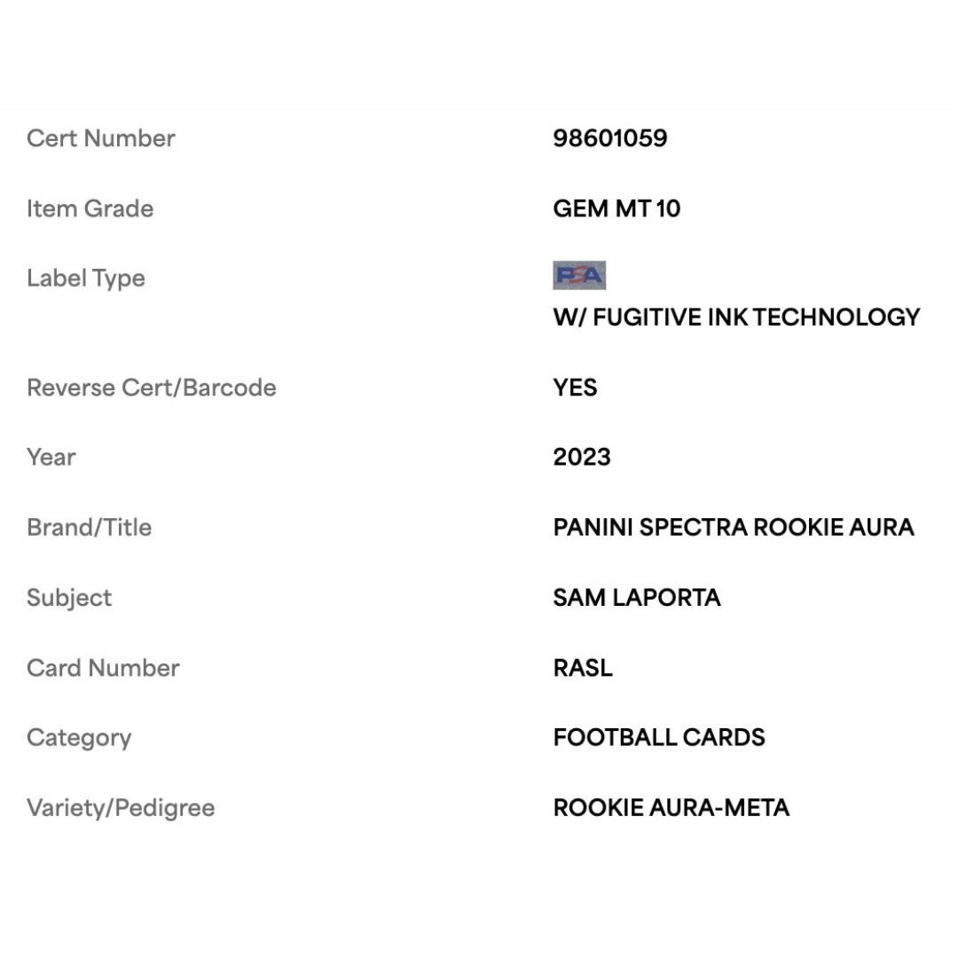 Sam LaPorta PSA 10 2023 Panini Spectra Rookie Aura - Meta #d/25 Card #RASL