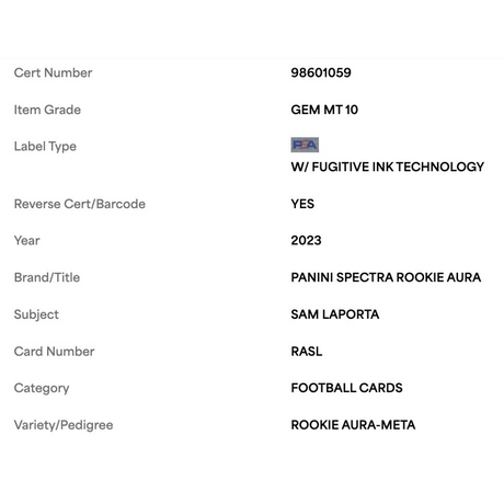Sam LaPorta PSA 10 2023 Panini Spectra Rookie Aura - Meta #d/25 Card #RASL
