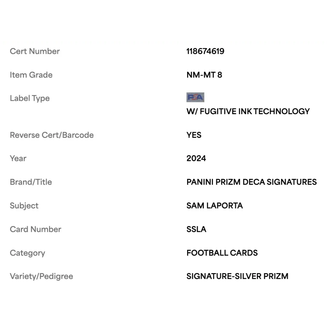 Sam LaPorta PSA 8 2024 Panini Prizm Deca Signature Silver Prizm Card #SSLA