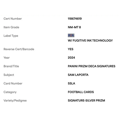Sam LaPorta PSA 8 2024 Panini Prizm Deca Signature Silver Prizm Card #SSLA