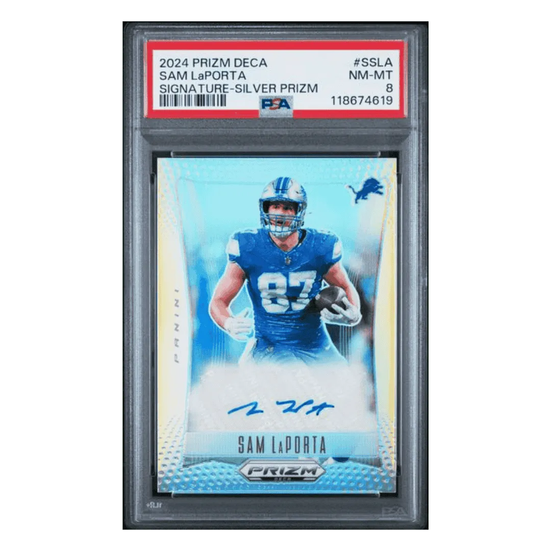 Sam LaPorta PSA 8 2024 Panini Prizm Deca Signature Silver Prizm Card #SSLA