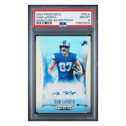 Sam LaPorta PSA 8 2024 Panini Prizm Deca Signature Silver Prizm Card #SSLA