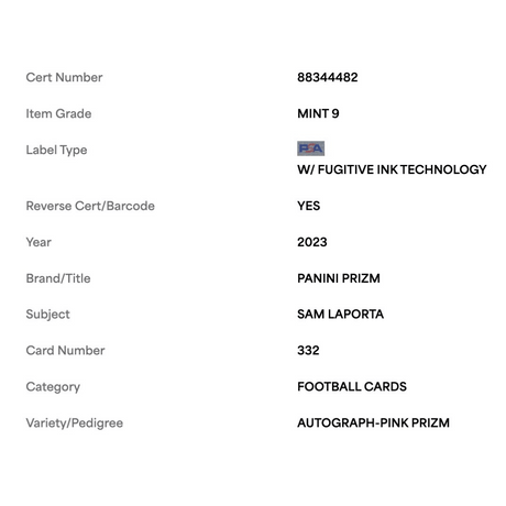 Sam LaPorta PSA 9 2023 Panini Prizm Autograph Pink Card #332