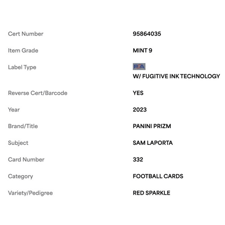 Sam LaPorta PSA 9 2023 Panini Prizm Red Sparkle Rookie RC Card #332