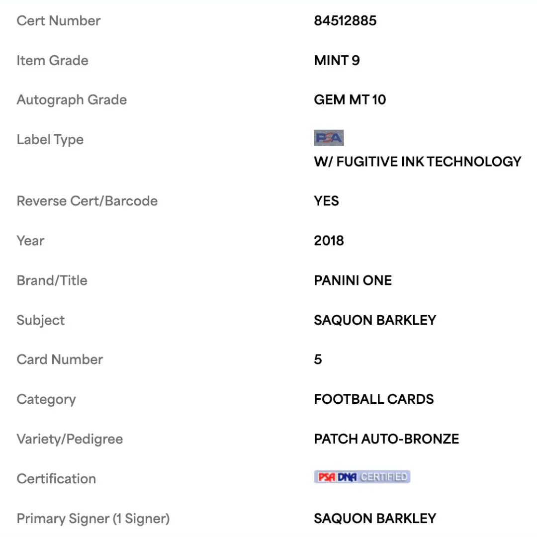 Saquon Barkley PSA 9 2018 Panini One Patch Autograph Bronze #49/ 49 Card #5