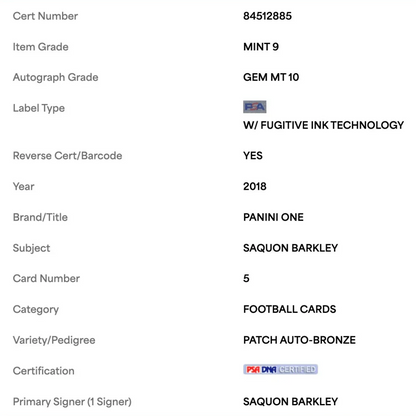 Saquon Barkley PSA 9 2018 Panini One Patch Autograph Bronze #49/ 49 Card #5