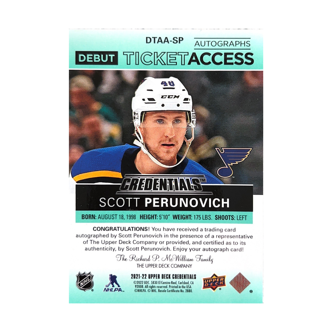 Scott Perunovich Autographed 2021-22 Upper Deck Credentials GREEN Debut Ticket Auto RC /25