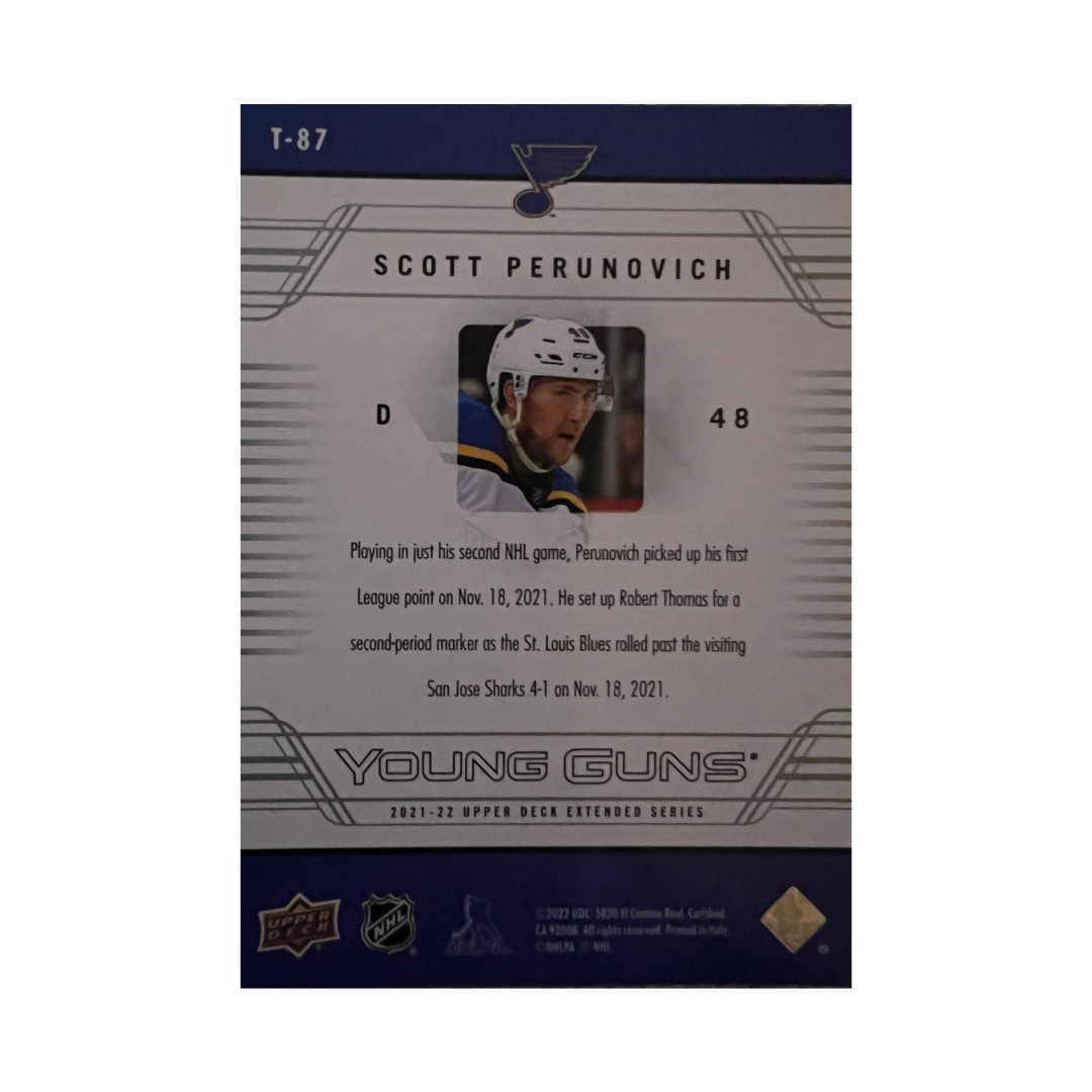 Scott Perunovich St Louis Blues Autographed 2021-2022 Upper Deck Extended Tribute Retro Young Guns Rookie Card #T-87 - JSA