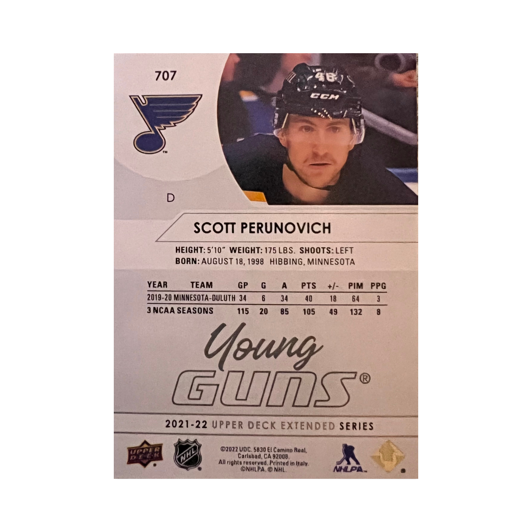 Scott Perunovich St Louis Blues Autographed 2021-2022 Upper Deck Extended Series Young Guns Rookie Card #707 - JSA