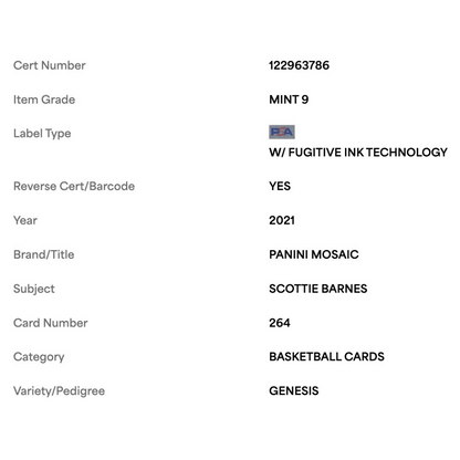 Scottie Barnes PSA 9 2021 Panini Mosaic Genesis Rookie RC Card #264
