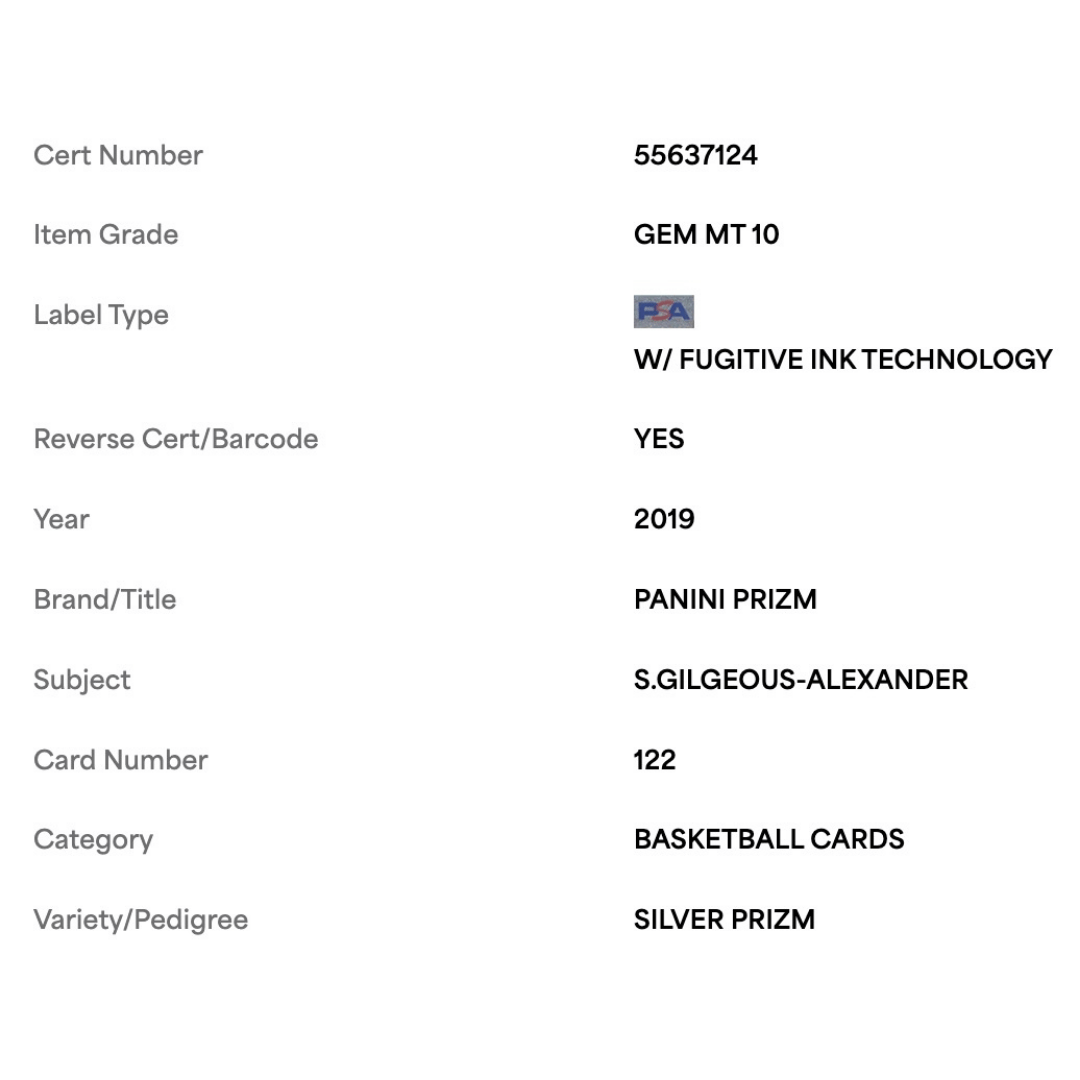 Shai Gilgeous-Alexander PSA 10 2019 Panini Prizm Silver Card #122