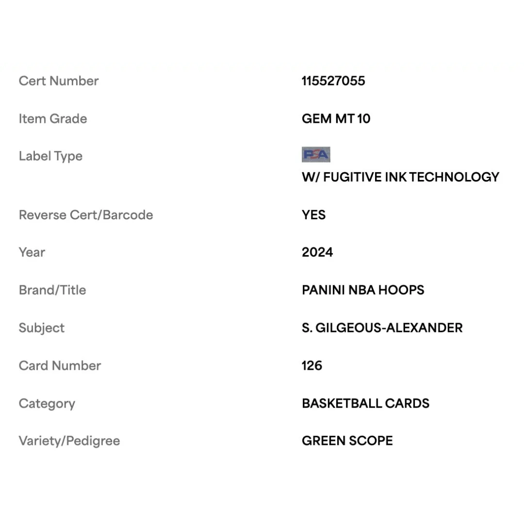 Shai Gilgeous-Alexander PSA 10 2024 Panini Hoops Green Scope #d/ 8 Card #126