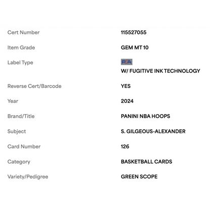 Shai Gilgeous-Alexander PSA 10 2024 Panini Hoops Green Scope #d/ 8 Card #126