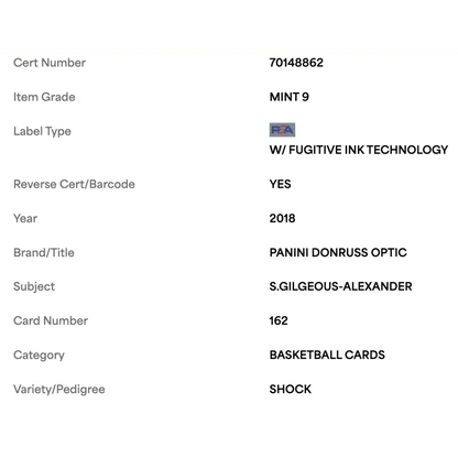 Shai Gilgeous-Alexander PSA 9 2018 Panini Donruss Optic Shock Rated Rookie Card #162