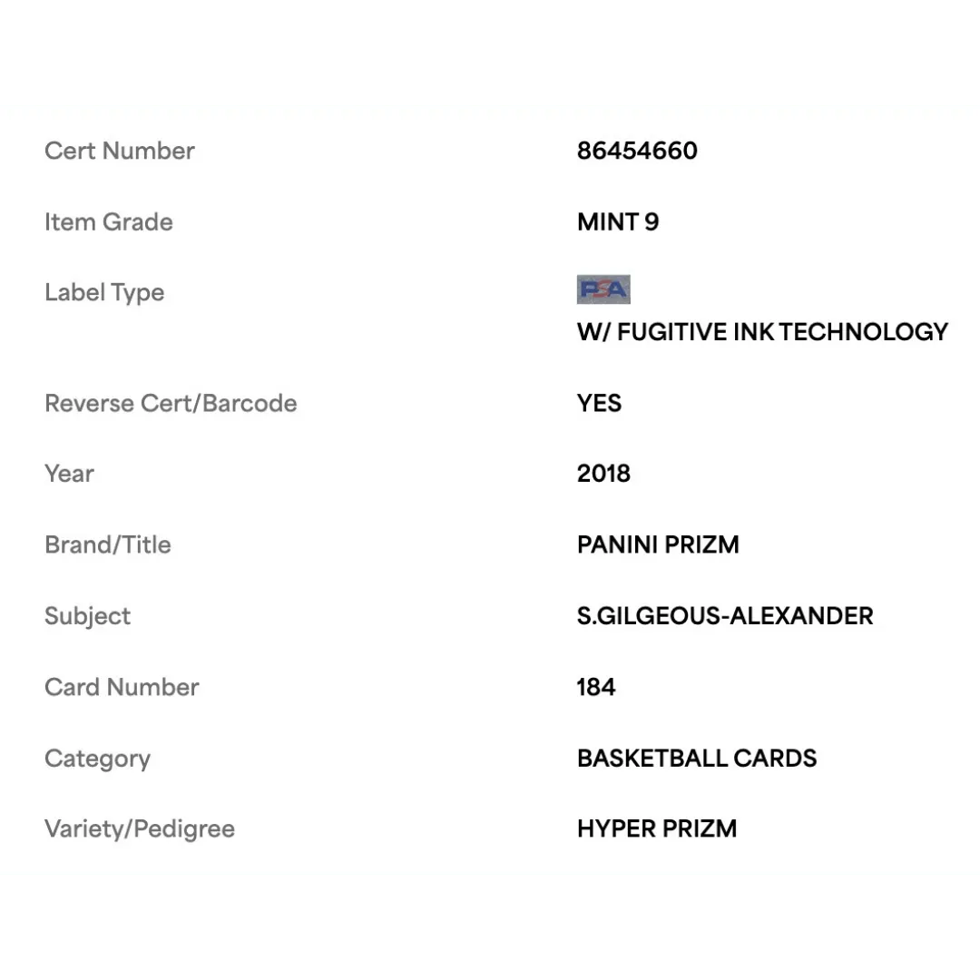 Shai Gilgeous-Alexander PSA 9 2018 Panini Prizm Hyper Card #184