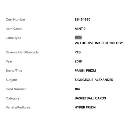 Shai Gilgeous-Alexander PSA 9 2018 Panini Prizm Hyper Card #184