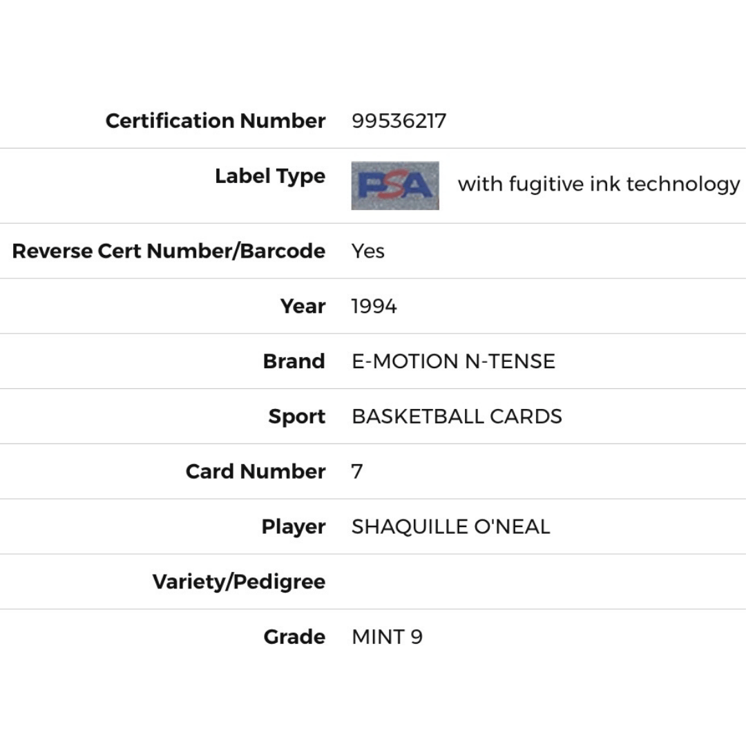 Shaquille O'Neal PSA 9 1994 Skybox Emotion N-Tense Card #7