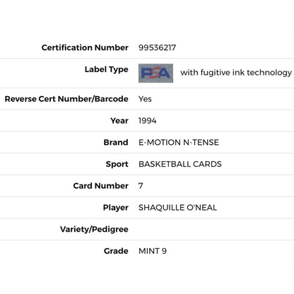 Shaquille O'Neal PSA 9 1994 Skybox Emotion N-Tense Card #7
