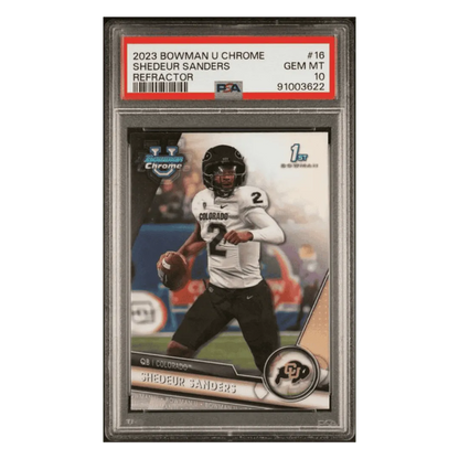Shedeur Sanders PSA 10 2023 Topps Bowman University Chrome Refractor Card #16