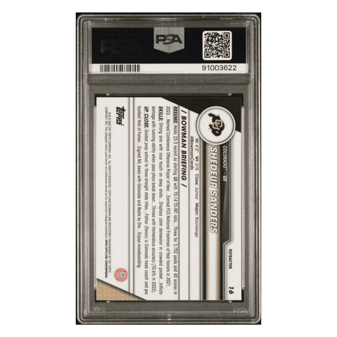 Shedeur Sanders PSA 10 2023 Topps Bowman University Chrome Refractor Card #16