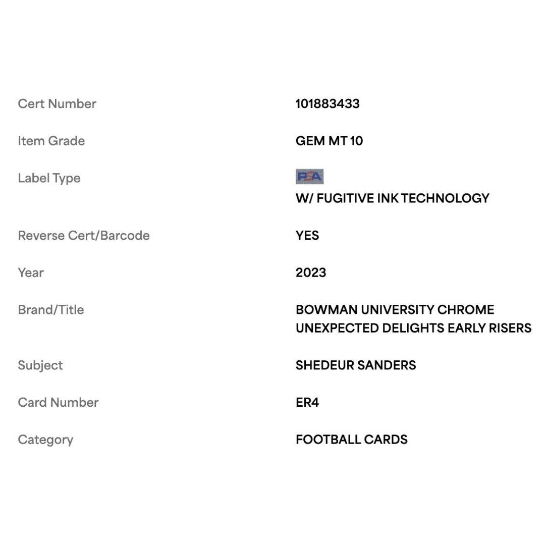 Shedeur Sanders PSA 10 2023 Topps Bowman University Chrome Unexpected Delights Early Risers Card #ER4