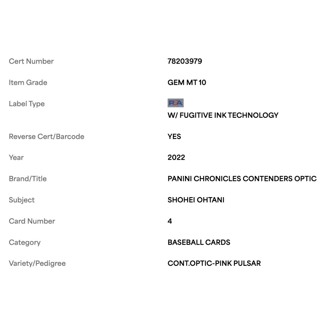 Shohei Ohtani PSA 10 2022 Panini Chronicles Contenders Optic Pink Pulsar Card #4