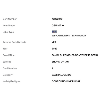Shohei Ohtani PSA 10 2022 Panini Chronicles Contenders Optic Pink Pulsar Card #4