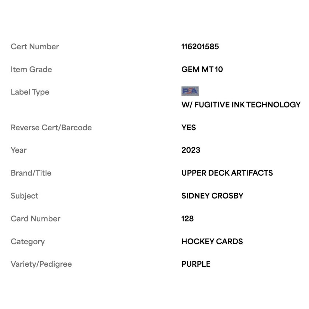 Sidney Crosby PSA 10 2023 Upper Deck Artifacts Purple #d /25 Card #128