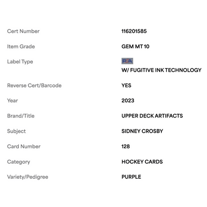 Sidney Crosby PSA 10 2023 Upper Deck Artifacts Purple #d /25 Card #128
