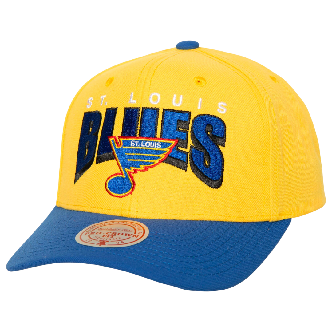 St Louis Blues Boom Text Vintage Mitchell and Ness Pro Snapback Hat