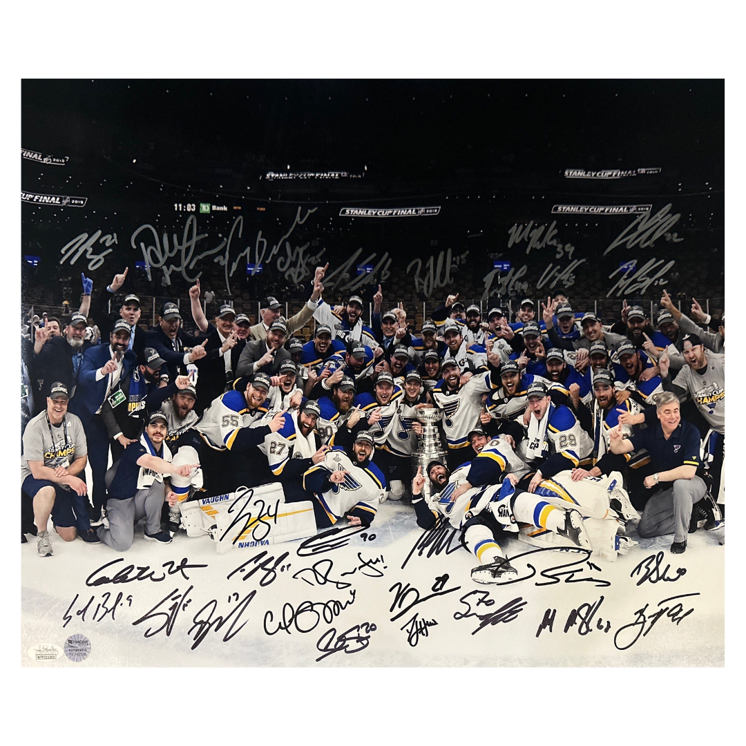 St Louis Blues Stanley Cup Champs On Ice Celebration Team Autographed 16x20 - 29 Autographs - Fan Cave & JSA COA (On Ice 29-3)