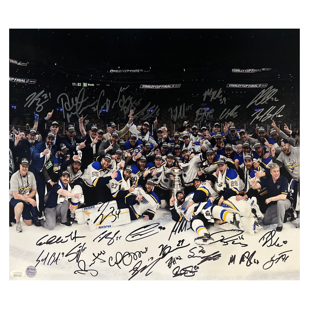 St Louis Blues Stanley Cup Champs On Ice Celebration Team Autographed 16x20 - 29 Autographs - Fan Cave & JSA COA (On Ice 29-4)