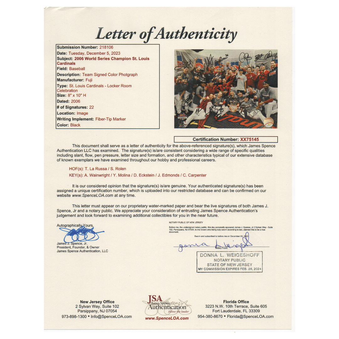 St Louis Cardinals 2006 World Series Champion Team Autographed 8x10 - 22 Autographs - JSA LOA (WS 1)