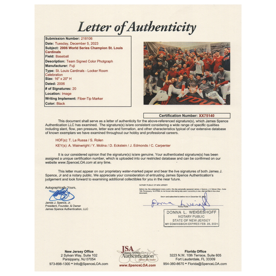 St Louis Cardinals 2006 World Series Champion Team Autographed 16x20 - 22 Autographs - JSA LOA (WS 8)