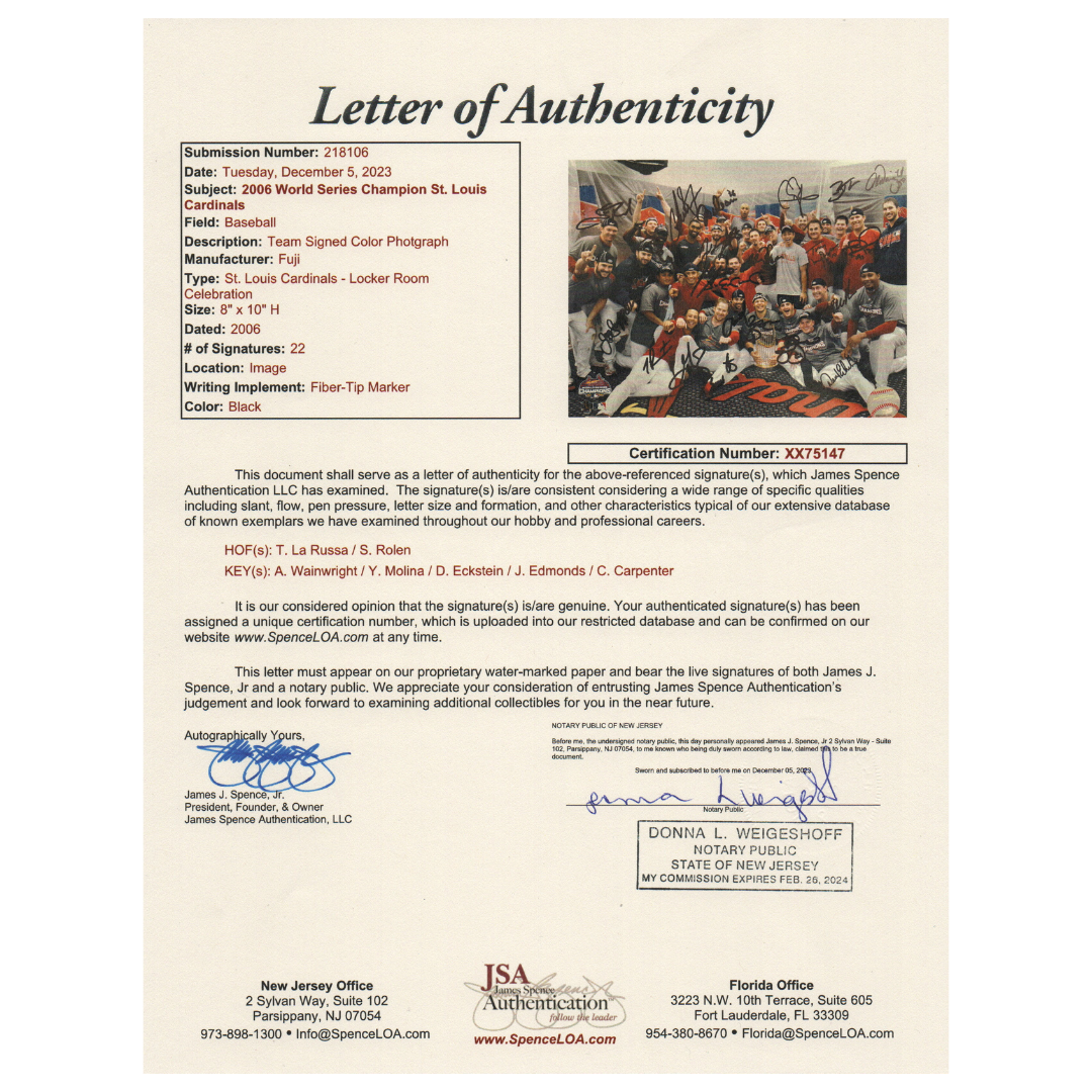 St Louis Cardinals 2006 World Series Champion Team Autographed 8x10 - 22 Autographs - JSA LOA (WS 3)