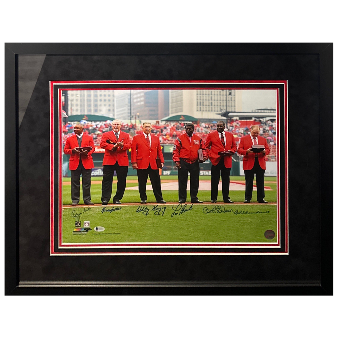 St Louis Cardinals Hall Of Fame Red Jacket Multi Autographed Framed 16x20 - Beckett COA