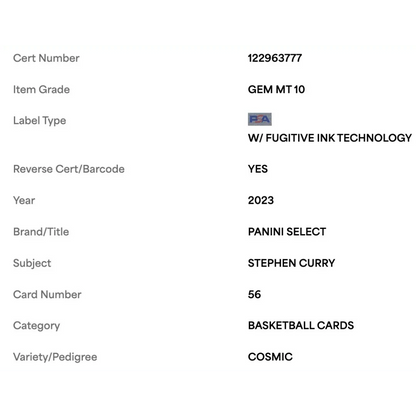 Steph Curry PSA 10 2023 Panini Select Cosmic SSP Card #56