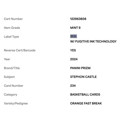 Stephon Castle PSA 9 2024 Panini Prizm Orange Fast Break Rookie RC #d/ 125 Card #234