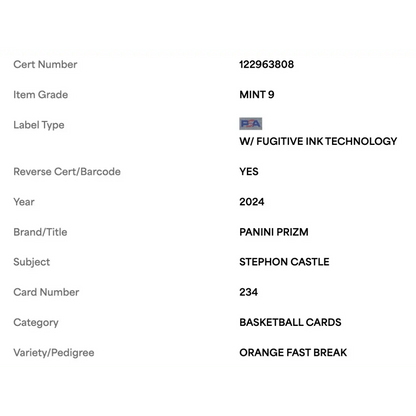 Stephon Castle PSA 9 2024 Panini Prizm Orange Fast Break Rookie RC #d/ 125 Card #234