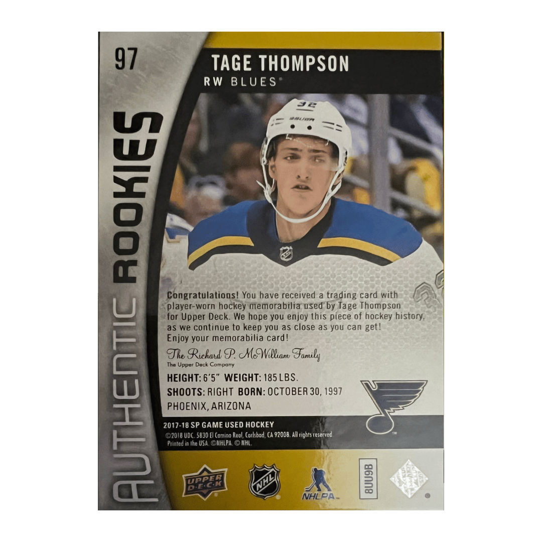 Tage Thompson 2017-18 SP Game Used Two Color Patch #97 Authentic Rookies #D 1/49