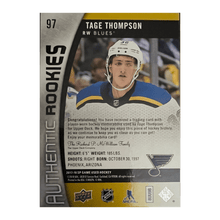 Tage Thompson 2017-18 SP Game Used Two Color Patch #97 Authentic Rookies #D 1/49