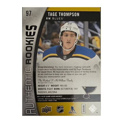 Tage Thompson 2017-18 SP Game Used Two Color Patch #97 Authentic Rookies #D 1/49